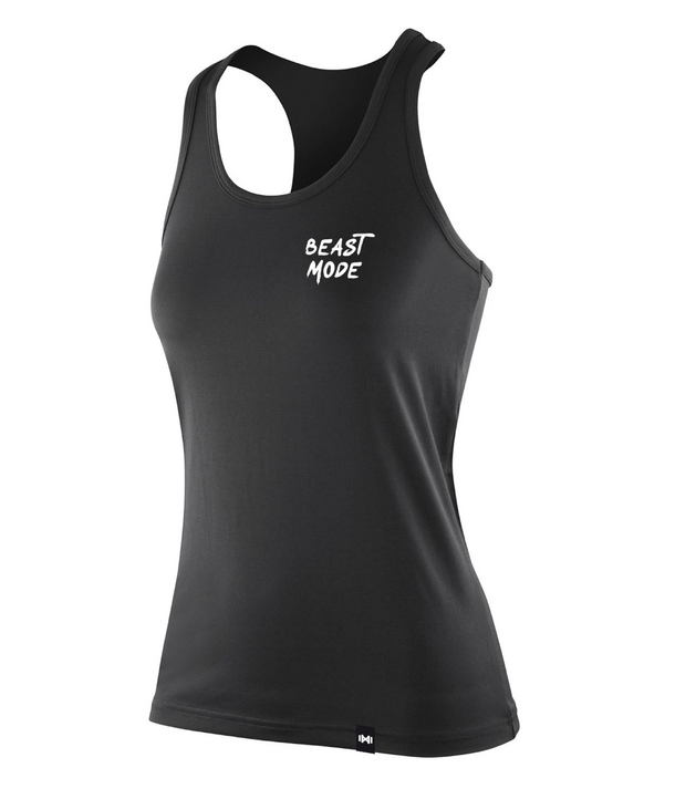 Schwarzes Racerback-Tank-Top mit Beast Mode-Aufdruck in Weiß auf der linken Brust.