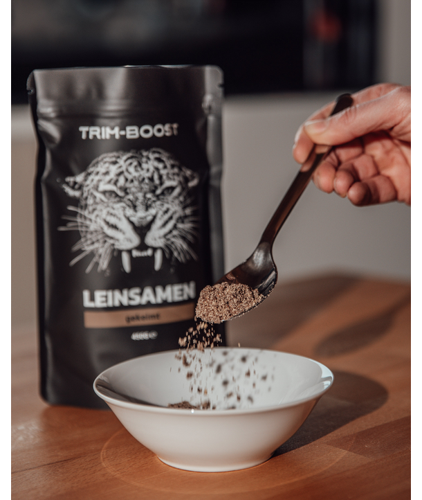 Eine Hand schüttet Chiasamen von einem Löffel in eine weiße Schale, im Hintergrund ist eine Leinsamen-Verpackung zu sehen.