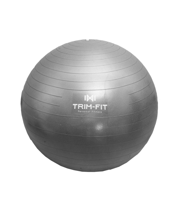 Grauer Übungs-Stabilitätsball mit aufgedrucktem Trim-Fit Personal Fitness-Logo auf der Vorderseite.