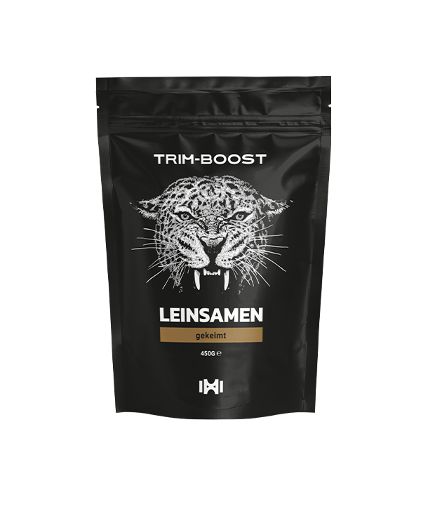 Schwarze Packung TRIM-BOOST mit gekeimten Leinsamen und einer Abbildung eines brüllenden Leoparden auf der Vorderseite.