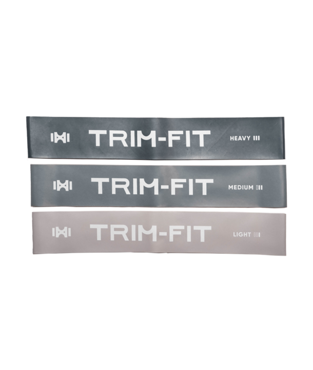 Drei TRIM-FIT-Widerstandsbänder mit den Bezeichnungen Heavy, Medium und Light, horizontal gestapelt.