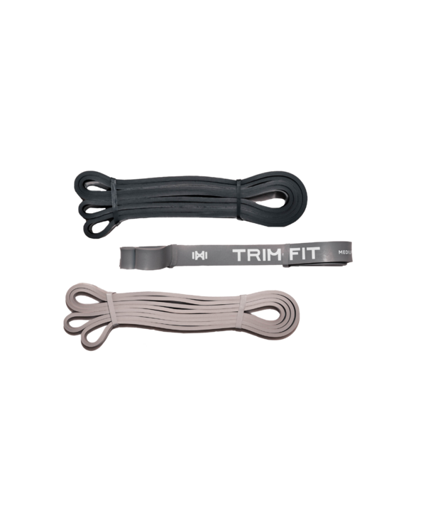 Drei Widerstandsbänder, ein schwarzes, ein graues und ein beiges, mit TRIM FIT-Logo auf dem mittleren Band.