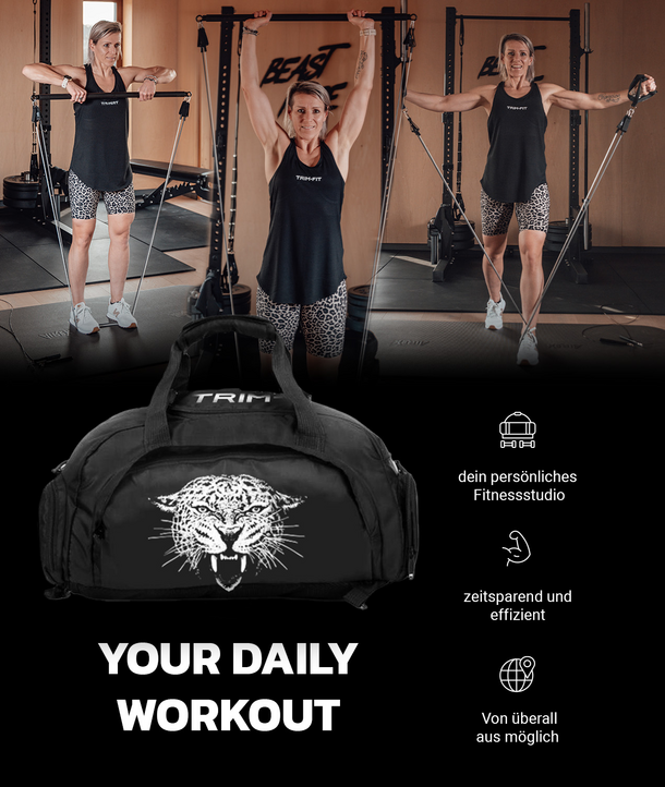 Eine Frau demonstriert Übungen mit einem Widerstandsband; darunter sind Symbole für Turnbeutel und Trainingsvorteile abgebildet.