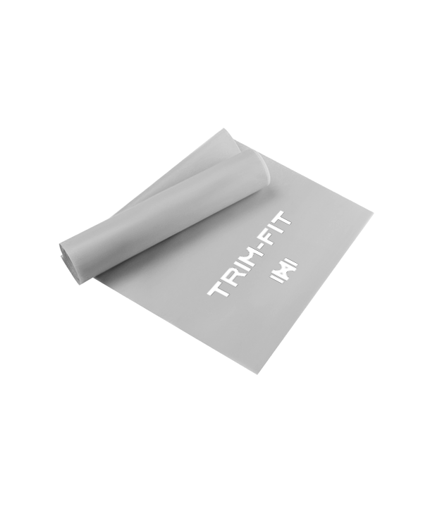 Graues Widerstandsband, teilweise abgerollt, mit TRIM-FIT und M in weißer Schrift.