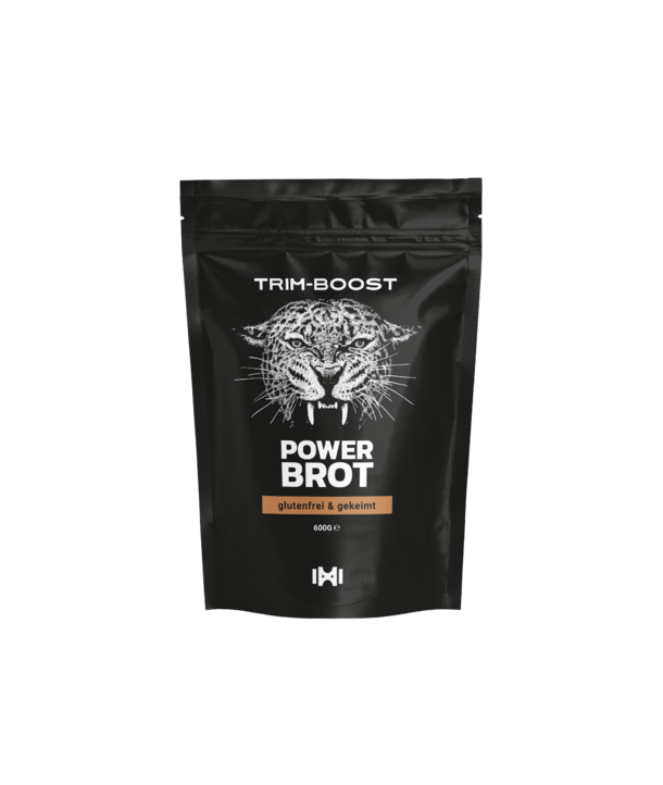Schwarzer Beutel mit der Aufschrift TRIM-BOOST Power Brot mit einem Leopardenmotiv und einem glutenfreien Hinweis.