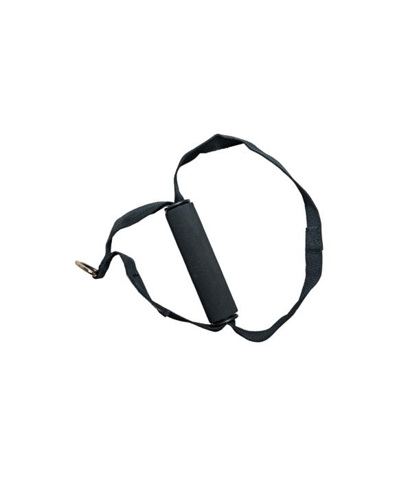 Ein schwarzer Gepäckriemen aus Stoff mit gepolstertem Griff und verstellbarer Schnalle.